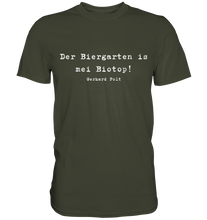Lade das Bild in den Galerie-Viewer, Gerhard Polt T-Shirt "Der Biergarten ist mei Biotop!" - Premium Shirt